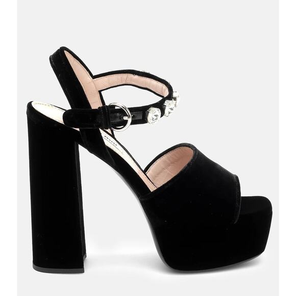 MIU MIU Embellished Velvet Platform Sandals - 36.5 (6.5) - Nero - Picture 3 of 6